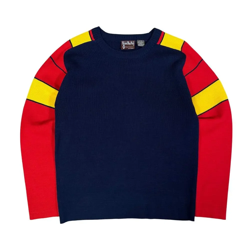 Vintage 80s Color Block Acrylic Sweater Navy Red Yellow Size S Made in Taiwan